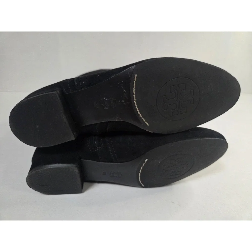 Tory Burch Black Suede Riding Boots Gold Logo Hardware Women's Size 8M Knee High